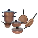 batterie de cuisine 10 pièces granite cookart bronze, Couscoussier 6L, Faitout 24 cm avec couvercle en verre, Sauteuse 22 cm avec couvercle en verre, Poêle 26 cm, Crêpière 25 cm, Casserole 18 cm