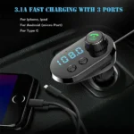 chargeur de voiture transmetteur fm q15 bluetooth charge rapide, 3 ports usb android, type-c, iphone