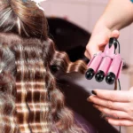 fer à friser onduler chauffant rapide à 3 tubes 22mm, boucleur cheveux rose noir
