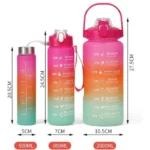 lot de 3 bouteilles d'eau motivantes 2l, 900ml, 500ml rose, orange, bleu turquoise
