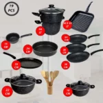 batterie de cuisine 14 pièces cookart granite noir, ustensiles de cuisine bambou 5 pièces