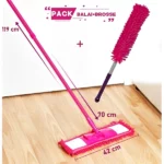 pack 2en1 balai raclette microfibres et brosse télescopique rose
