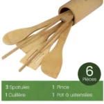 ustensiles de cuisine bambou 6 pièces, Spatules en Bambou, Cuillère en Bambou, Pince en Bambou, Pot support en Bambou