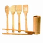 ustensiles de cuisine bambou 6 pièces, Spatules en Bambou, Cuillère en Bambou, Pince en Bambou, Pot support en Bambou