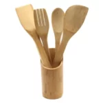 ustensiles de cuisine bambou 5 pièces, Spatules en Bambou, Cuillère en Bambou, Pot support en Bambou