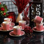 service à café en porcelaine rouge 12 pièces blanc-rouge