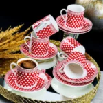 service à café en porcelaine rouge 12 pièces blanc-rouge