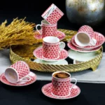 service à café en porcelaine rouge 12 pièces blanc-rouge