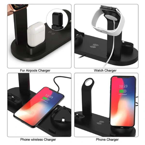 station de charge rapide sans fil 4en1 noir pour iPhone 15, 14, 13, 12, 11, X, Samsung S23, iWatch 8, 7, 6, 5, Airpods Pro 2 et 3