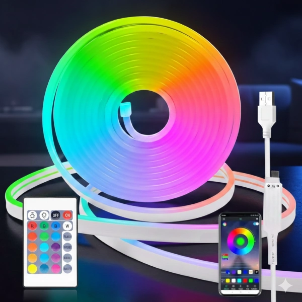 bande lumineuse néon led rgb 5m, contrôle application et télécommande, led smart neon strip light