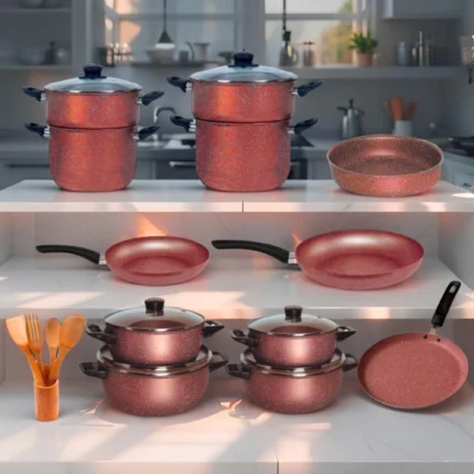 batterie de cuisine 18, 23 pièces cookart big chief granite rouge, ustensiles de cuisine bambou 5 pièces