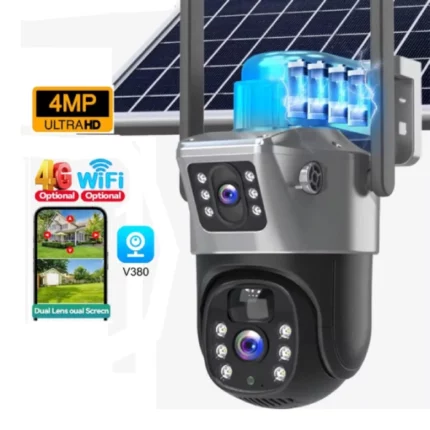 caméra surveillance ptz solaire 4g double objectif ai 8mp 4k color vu v380 pro, vision nocturne, rotation à 360°
