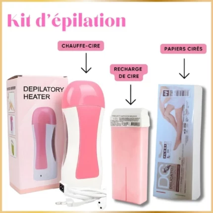 kit épilation 3en1, chauffe-cire, cartouche cire roll-on, bandes rose