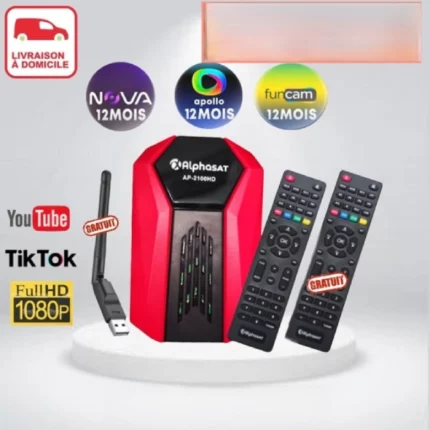 récepteur full hd alphasat ap-2100hd + 2 télécommandes + abonnement 3 ans funcam, iptv nova alpha, apollo