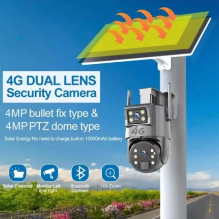 caméra de surveillance ptz solaire 4g double objectif lens 4k hd 8mp a30 golden eye, vision nocturne, zoom x20, détection ai