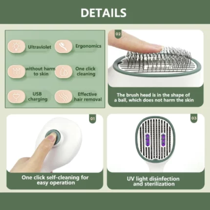 brosse de toilettage pour chats et chiens avec lumière uv