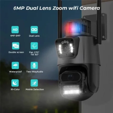 caméra de surveillance externe intelligente dual lens wifi hd 6mp icsee noir