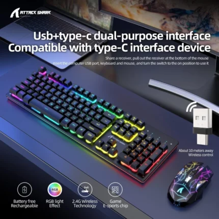 ensemble clavier et souris gaming sans fil attack shark t3, 2,4 GHz, RVB, 4800 DPI