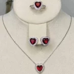 lot collier, bague, boucles d'oreilles en forme de cœur rouge, stainless steel, acier inoxydable
