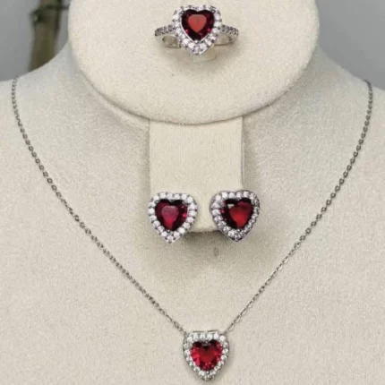lot collier, bague, boucles d'oreilles en forme de cœur rouge, stainless steel, acier inoxydable