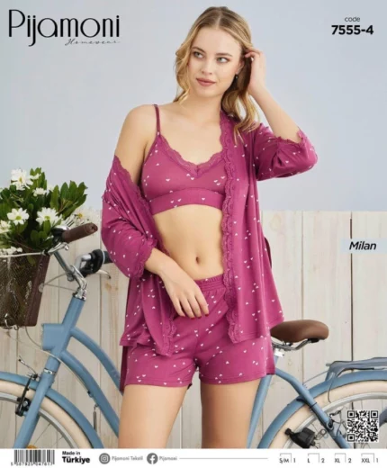 pyjama femme 3 pièces en coton pijamoni burgundy violet prune