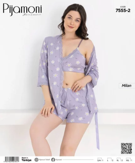 pyjama femme 3 pièces en coton pijamoni mauve lilas