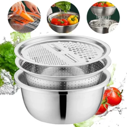 bassin coupe-légumes multifonction 3en1 en acier inoxydable, passoire à râpe, panier à égoutter, bol à salade