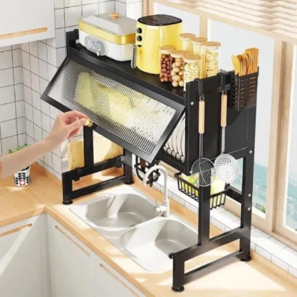 égouttoir à vaisselle support d'évier multifonction, rangement des fournitures de cuisine en métal noir