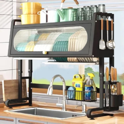 égouttoir à vaisselle support d'évier multifonction, rangement des fournitures de cuisine en métal noir