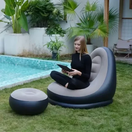 canapé fauteuil gonflable confort xxl avec pouf beige-noir