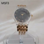 montre femme élégante swatch avec cadran transparent doré