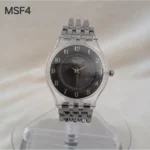 montre femme élégante swatch avec cadran transparent argent