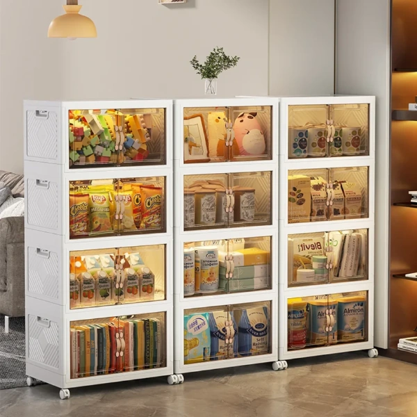 Armoire de Rangement Modulaire à 4 Niveaux – Empilable, Portes Coulissantes et Roulettes (2) armoire de rangement modulaire empilable 4 niveaux tiroirs, portes coulissantes, roulettes, plastique abs