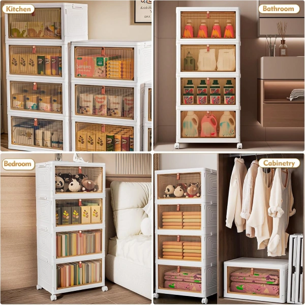 Armoire de Rangement Modulaire à 4 Niveaux – Empilable, Portes Coulissantes et Roulettes (3) armoire de rangement modulaire empilable 4 niveaux tiroirs, portes coulissantes, roulettes, plastique abs