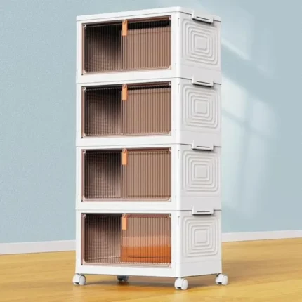 armoire de rangement modulaire empilable 4 niveaux tiroirs, portes coulissantes, roulettes, plastique abs