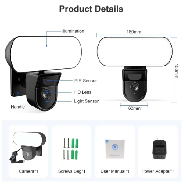 Caméra Projecteur Extérieure WiFi Tuya 3MP Full HD 10W avec Détecteur IR (5) caméra de surveillance projecteur extérieure wifi tuya 3mp full hd 10w avec détecteur capteur AI IR, smart life, alexa, google home