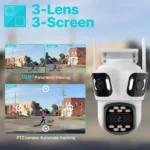 caméra de surveillance extérieure wifi ptz 360° p15 triple 3 lens objectifs 12mp full hd icsee, vision nocturne infrarouge, détection humaine ai