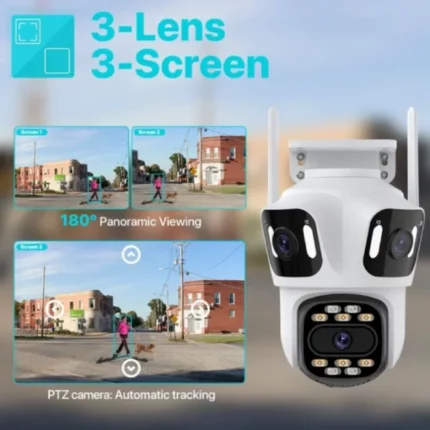 caméra de surveillance extérieure wifi ptz 360° p15 triple 3 lens objectifs 12mp full hd icsee, vision nocturne infrarouge, détection humaine ai