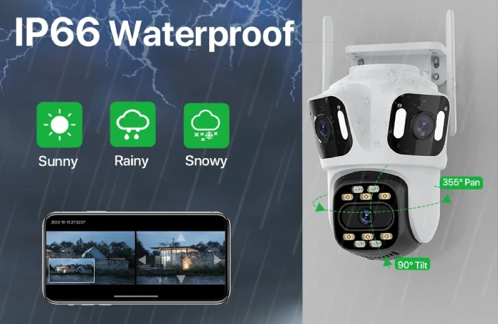 Caméra de Surveillance Extérieure WiFi PTZ 360° P15 Triple Lens 12MP Full HD ICSee (4) caméra de surveillance extérieure wifi ptz 360° p15 triple 3 lens objectifs 12mp full hd icsee, vision nocturne infrarouge, détection humaine ai