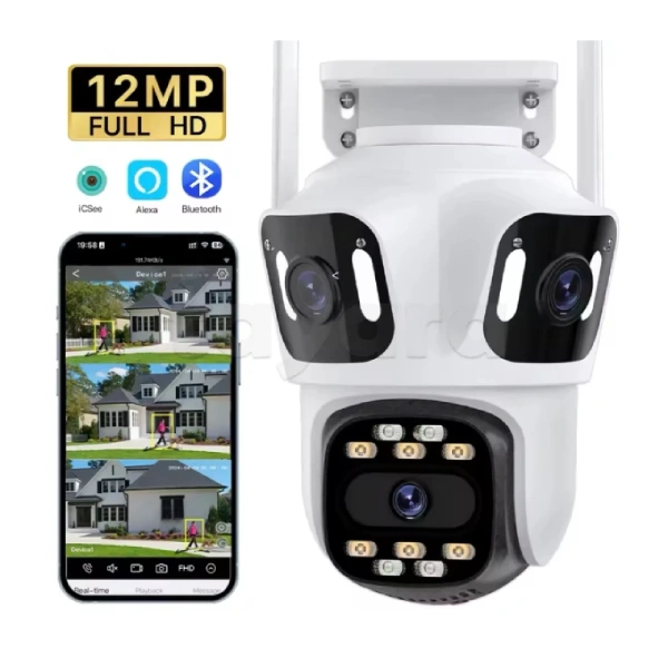 Caméra de Surveillance Extérieure WiFi PTZ 360° P15 Triple Lens 12MP Full HD ICSee caméra de surveillance extérieure wifi ptz 360° p15 triple 3 lens objectifs 12mp full hd icsee, vision nocturne infrarouge, détection humaine ai