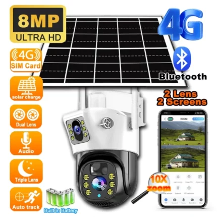 caméra de surveillance solaire 4g ptz 360° 8mp 4k double objectif zoom x10 v380 pro cctv