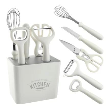 lot de 5 ustensiles de cuisine blanc, couteau à fruits, ciseaux à légumes, batteur à œufs, éplucheur, décapsuleur