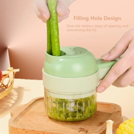 mini hachoir électrique portable 4en1, coupe-légume, trancheuse, éplucheur, brosse nettoyante