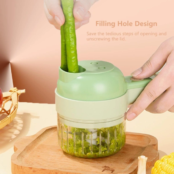 mini hachoir électrique portable 4en1, coupe-légume, trancheuse, éplucheur, brosse nettoyante