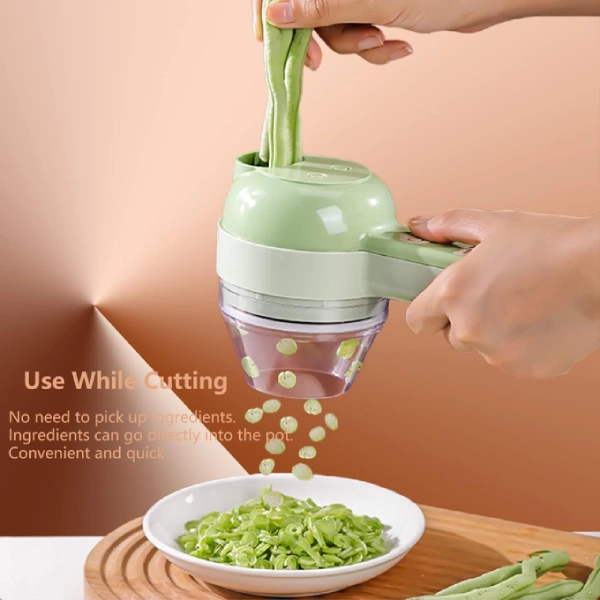Mini Hachoir Électrique Portable 4en1 – Coupe-Légumes, Trancheuse, Éplucheur & Auto-Nettoyant (3) mini hachoir électrique portable 4en1, coupe-légume, trancheuse, éplucheur, brosse nettoyante