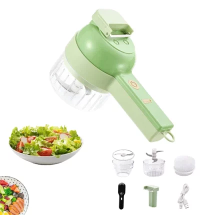 mini hachoir électrique portable 4en1, coupe-légume, trancheuse, éplucheur, brosse nettoyante