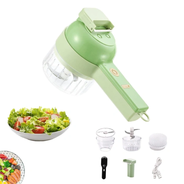 mini hachoir électrique portable 4en1, coupe-légume, trancheuse, éplucheur, brosse nettoyante