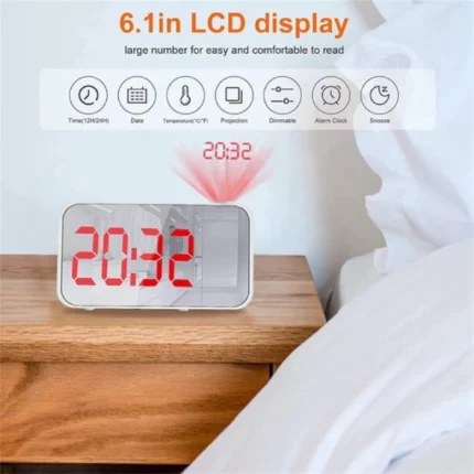 réveil numérique miroir lcd 6" avec projecteur d'heure 1080°