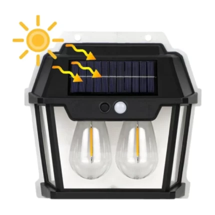 applique murale solaire vintage 2 ampoules led t-sun avec détecteur de mouvement, 600 lumens