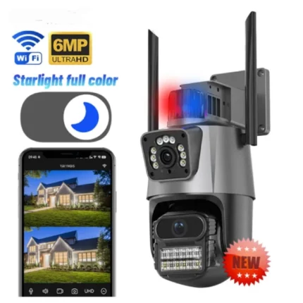 caméra de surveillance alarme wifi double objectif 2 lens 6mp 4k ptz 360° mipvision icsee, détection de mouvement ai
